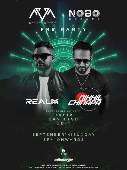 The official poster for the pre-party with Nikhil Chinapa, showcasing our collaboration as the main draw for the event.