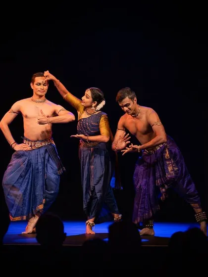 This still from 'Abha' captures a moment of interaction between the three main characters. Crafting these narrative exchanges is a core part of my work in literary and mythological productions.