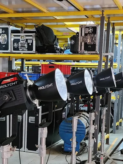 The Prolycht Orion 675 FS, one of the newest additions to our inventory. This full-spectrum RGBACL beast comes with a fresnel lens, barndoors, and a parabolic softbox, making it a complete, versatile package.