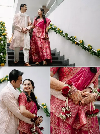 A collection of romantic moments from the Haldi. The bride's floral jewelry and the simple decor added a touch of natural beauty.