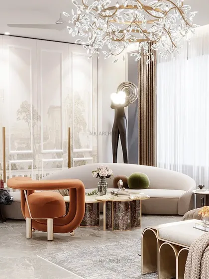 This bedroom is sculpted for serenity with soft curves and soothing vibes. From the walls to the ceiling, the seamless flow of curved forms and a contrasting sculptural chair bring a calm that you can feel.
