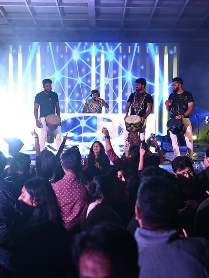 The Beat Gurus in full flow, providing the live rhythmic backbone to my DJ set.