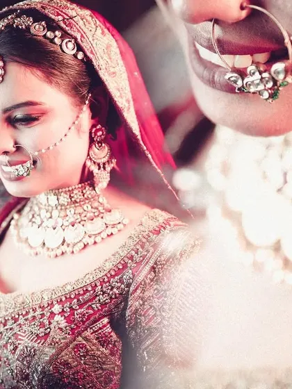 A creative collage focusing on the bride's beautiful smile and traditional nose ring.