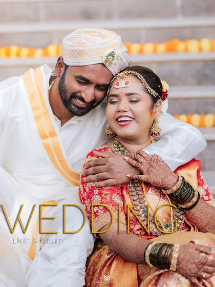 A beautiful, candid moment from Likith and Kusum's South Indian wedding, filled with laughter and tradition. This is a perfect summary of their happy day.