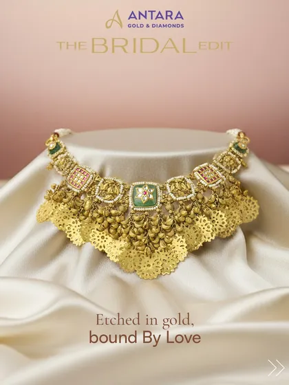 Etched in gold, bound by love. This modern choker from our Bridal Edit features delicate golden tassels and soft pastel stones, handcrafted in 22kt gold for contemporary bridal poise.