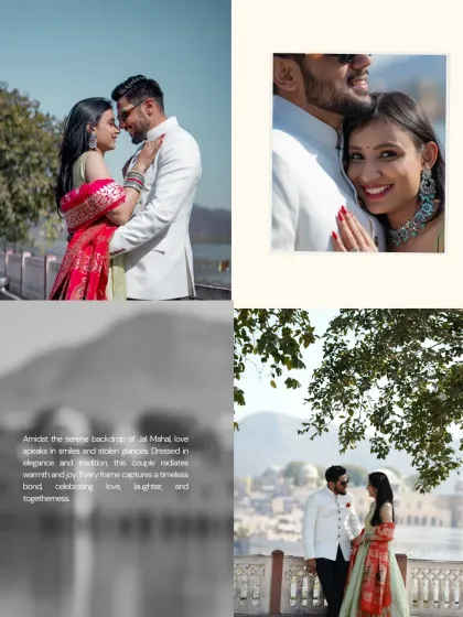 A collage from a pre-wedding shoot in Jaipur, showcasing the couple's connection against the serene backdrop of Jal Mahal and the vibrant city.