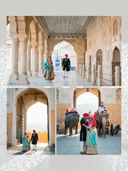 A collage from Harmail and Kamalpreet's shoot at Amer Fort, including a shot with two elephants, creating a symmetrical and grand composition.