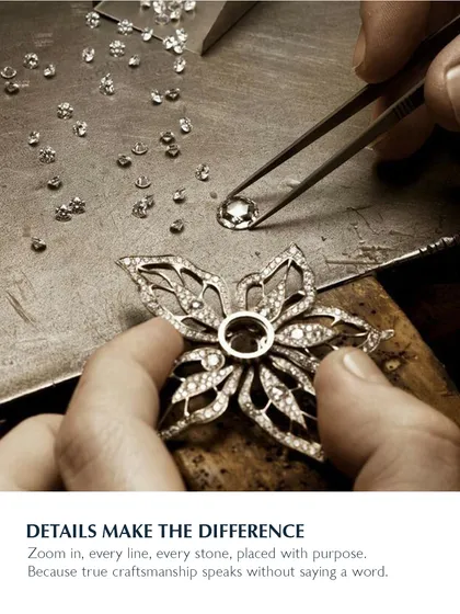 True luxury is found in the details that no one else sees. Here, one of my master artisans carefully sets each diamond by hand, a testament to the meticulous craftsmanship that goes into every piece I create. This dedication ensures your jewellery is not just beautiful, but an enduring work of art.