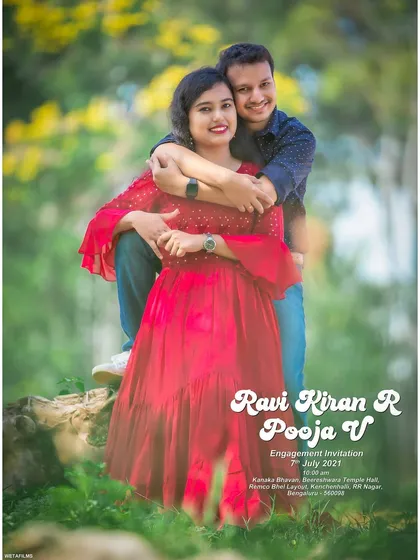 A joyful and classic engagement invitation portrait. This image captures the couple's happiness and excitement, making it a wonderful way to invite guests to their special day.