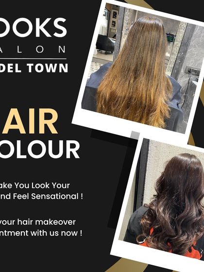 A promotional graphic for our hair color services, featuring a dramatic before-and-after transformation.