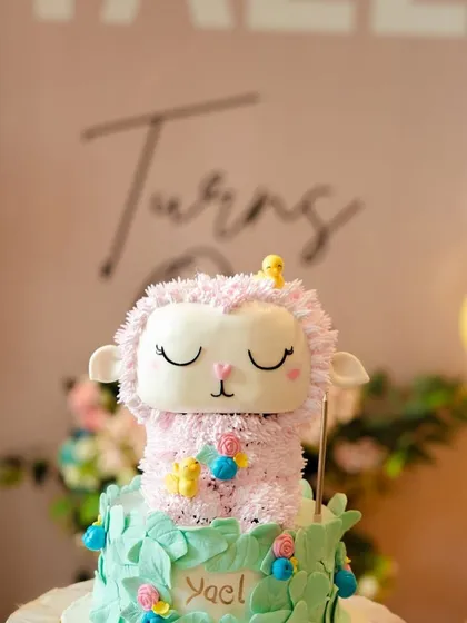 The adorable lamb-themed cake is a perfect match for the party's decor, showing my attention to coordinating every element of the celebration.