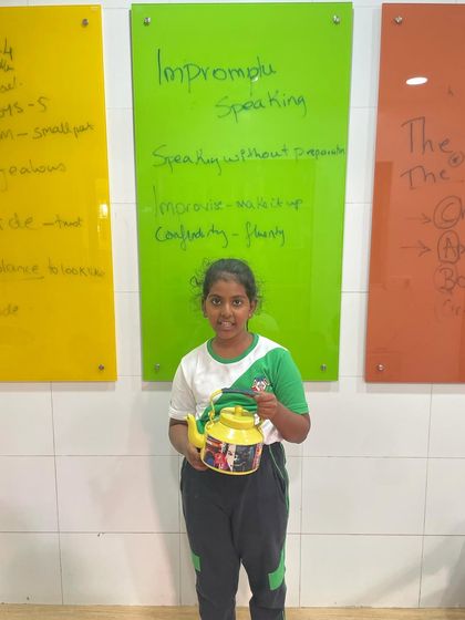 A kettle becomes the topic for an impromptu speech. We teach students that inspiration is everywhere, and the challenge of speaking about an unusual object builds mental agility and fluency.