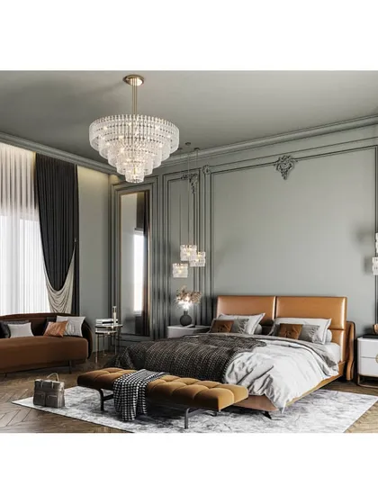 This visualization showcases a bedroom with a classic Parisian feel, complete with ornate wall moldings and a grand crystal chandelier. The render focuses on creating an atmosphere of timeless elegance.