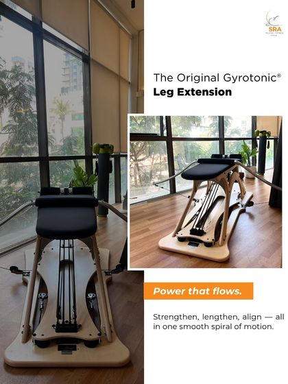 Here is a collage showcasing the original Gyrotonic Leg Extension. This machine helps you build power that flows, allowing you to strengthen, lengthen, and align your body in one smooth spiral of motion.