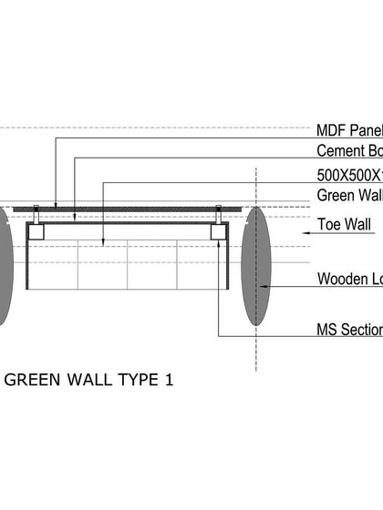 A plan drawing detailing the green wall system used on the Outré House facade. This drawing specifies the modules, cement board backing, and MS steel section supports.