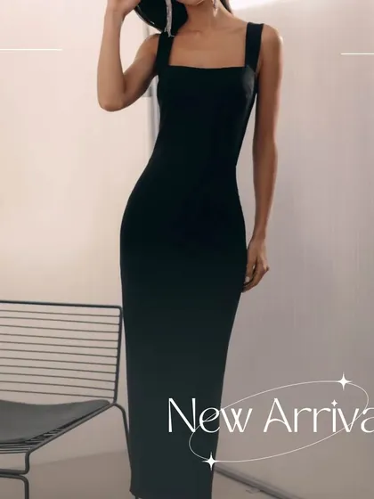 The Luca dress is a perfect example of sleek sophistication. This full-length view shows its clean lines and figure-hugging silhouette, crafted from high-quality banana crepe.