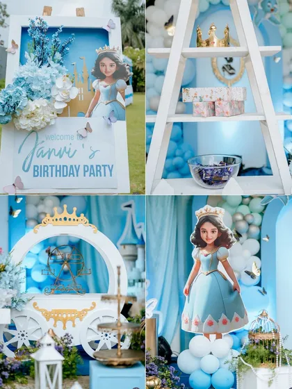 The magic is in the details. This collage showcases some of the key elements from our princess party, including the custom welcome sign, a whimsical carriage prop, and themed shelving for party favors.