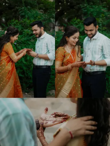 A collage capturing the sweet moment of exchanging rings. This pre-wedding shoot for Umesh and Janhavi in traditional attire is filled with joy and anticipation.