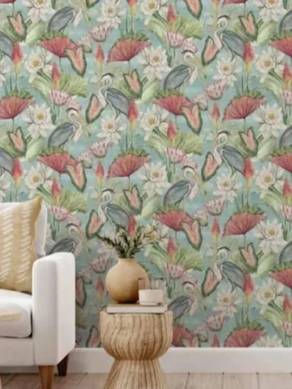 A vibrant wallpaper pattern featuring herons, lotuses, and other water plants. The bright colors make this a cheerful and lively choice for a feature wall.