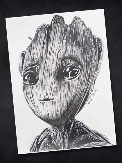 "I am Groot." A fantastic pen and ink drawing of Baby Groot, showcasing skill in texture and character illustration.