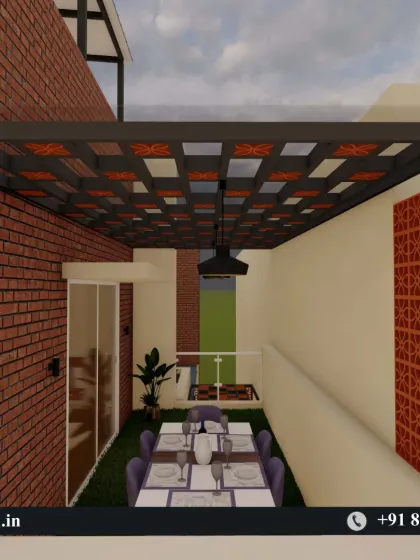 A 3D concept for a narrow outdoor dining area, featuring a pergola with a decorative CNC-cut ceiling and jali brick walls.