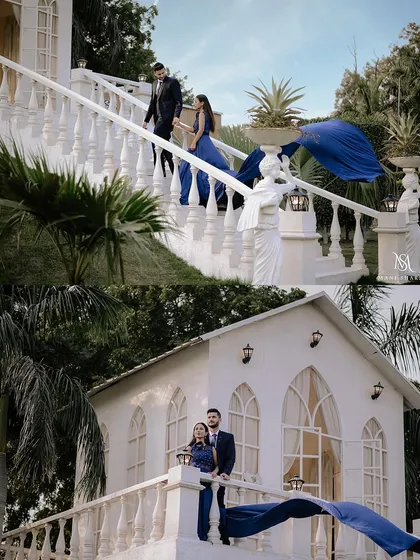 This collage shows how a flowing gown can be used to create dramatic lines and movement in different settings, from a grand staircase to a balcony.