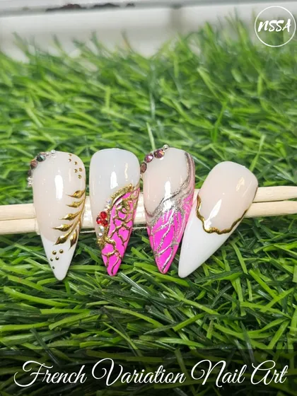 A showcase of French variation nail art, combining the classic French tip with bold colors, metallic lines, and 3D elements.