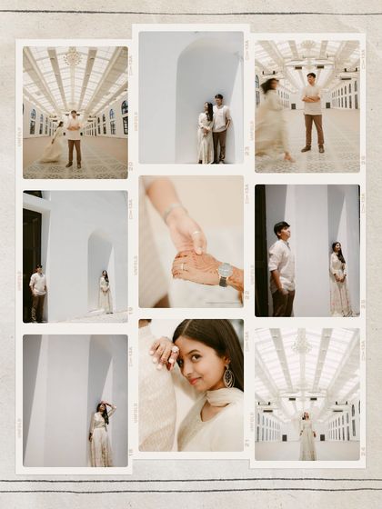A beautiful collage from a pre-wedding shoot in a modern, minimalist white location. The clean architecture provides a stunning canvas for their love story.