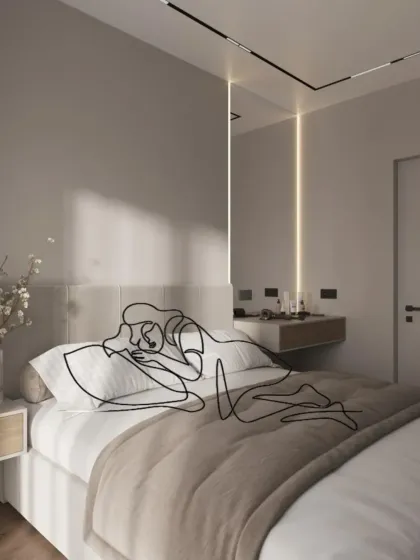 We design spaces that support your lifestyle. This serene bedroom is the perfect place to rest and recharge, with a calm color palette and soft, indirect lighting.