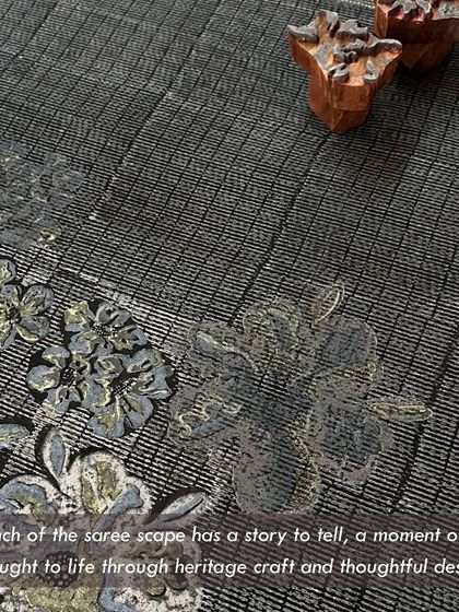 'Songs of a Vintage Spring' is our debut saree collection with the label Dhi. It is a celebration of sustainable craft, using 70+ year old teak blocks from our archive to create wearable art that tells a story of Bangalore's seasons.