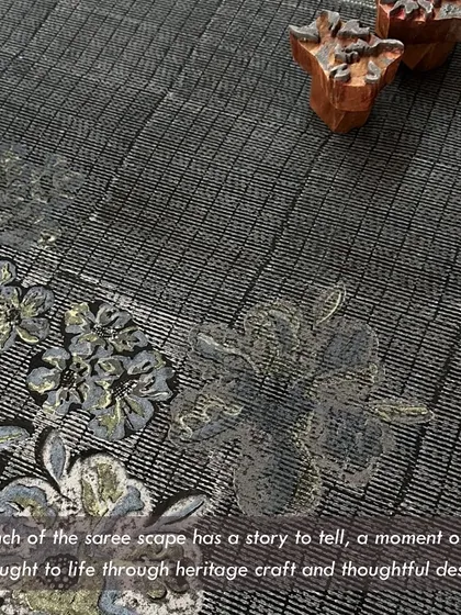 'Songs of a Vintage Spring' is our debut saree collection with the label Dhi. It is a celebration of sustainable craft, using 70+ year old teak blocks from our archive to create wearable art that tells a story of Bangalore's seasons.