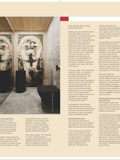 Another look at our feature in Washrooms & Beyond, showcasing our philosophy of creating dramatic and personalized bathroom spaces. This article discusses how we use art, texture, and lighting to make a statement.