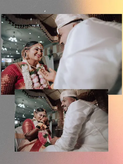 A collage of candid moments from the wedding ceremony. The genuine smiles and playful interactions between the couple are priceless memories.