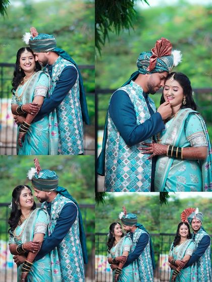 A collage of candid and posed shots of the couple outdoors. Their matching blue outfits and the groom's traditional pheta are featured prominently in these happy pre-wedding style portraits.