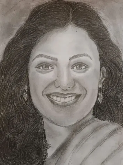 A portrait created using a combination of pencil and charcoal to capture a warm, friendly smile. This piece demonstrates how to blend the two mediums to achieve both soft skin tones and sharp, defined details in the hair and eyes.