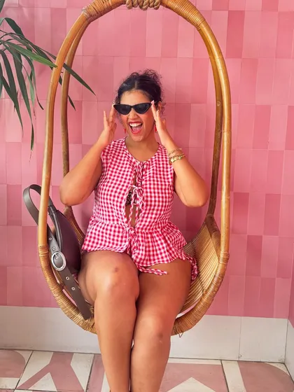 A happy, laughing shot in my gingham set. Fashion should make you feel joyful, and this outfit definitely does.