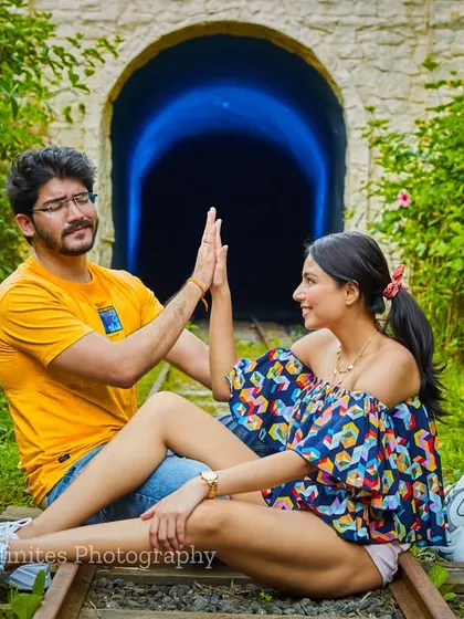 A fun and playful moment on the tracks. We encourage couples to be themselves, resulting in natural and memorable pre-wedding photos.
