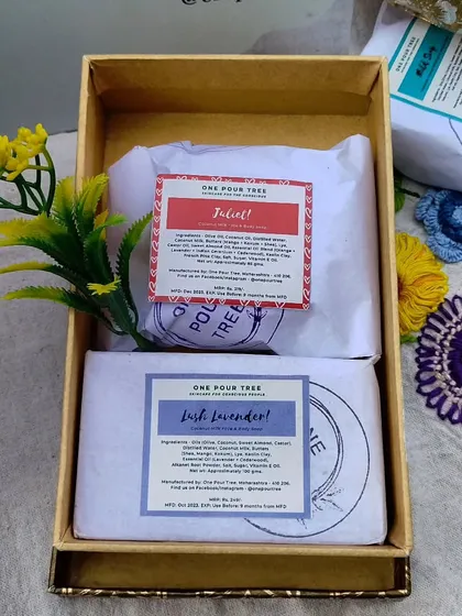 A gift box with my Juliet and Lush Lavender soaps. These make for a thoughtful, handmade present.