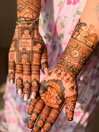 Celebrating a new beginning with a special baby shower mehendi. I love adding cute details like baby announcements, tiny footprints, and cradles to make it extra memorable for the mom-to-be.