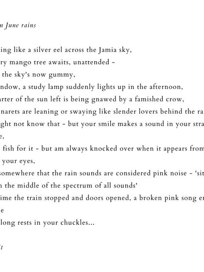 'Jamia in June rains'. A poem capturing a specific moment in the city, blending observations of the sky with the intimacy of a smile.