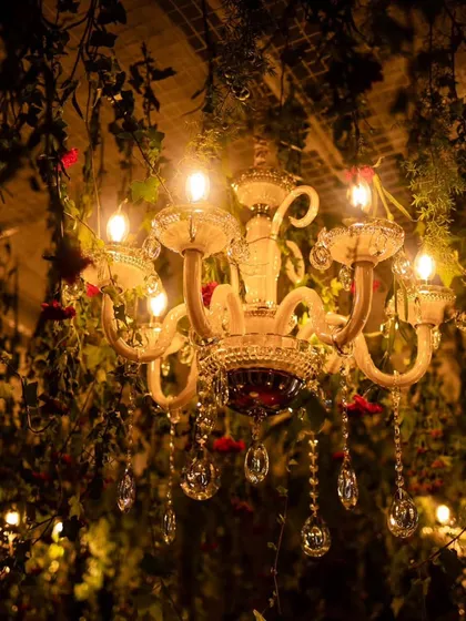 It's all about the atmosphere. We used a combination of vintage chandeliers and cascading greenery to create a warm, romantic, and utterly magical ambiance for this evening reception.