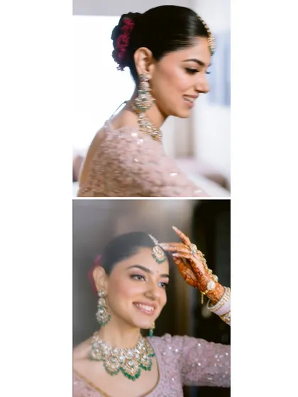 A two-part collage showing close-ups of the bride's happy expressions and her stunning jewelry.
