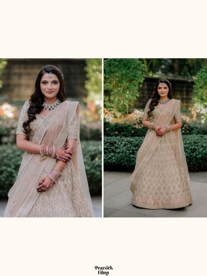 A diptych of the bride in her elegant beige lehenga, posing in a lush green garden, showcasing her graceful and timeless style.