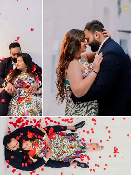 A romantic collage showcasing intimate moments, including a shot with rose petals. The white walls of the Santorini set provide a clean and bright canvas for these colorful, love-filled photos.