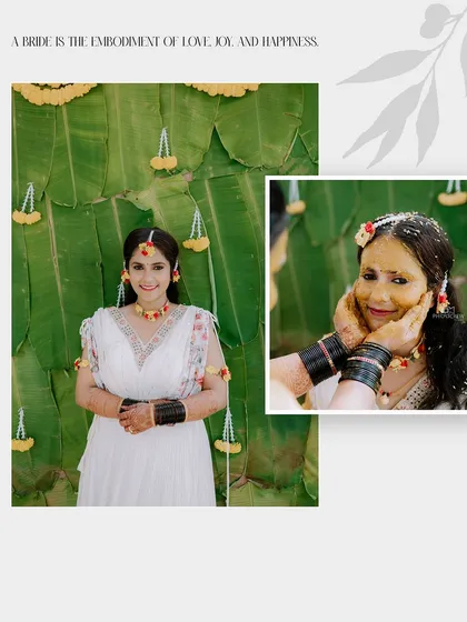 A collage of the bride during her Haldi, showing her posing against a banana leaf backdrop and a candid shot of her with turmeric paste.