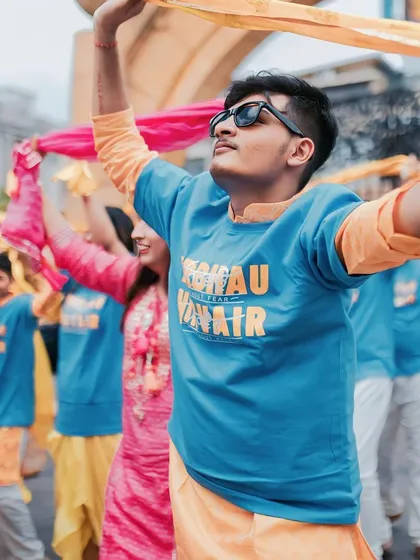 The groom's squad, in custom t-shirts, ready to kick off the Haldi festivities with a bang.