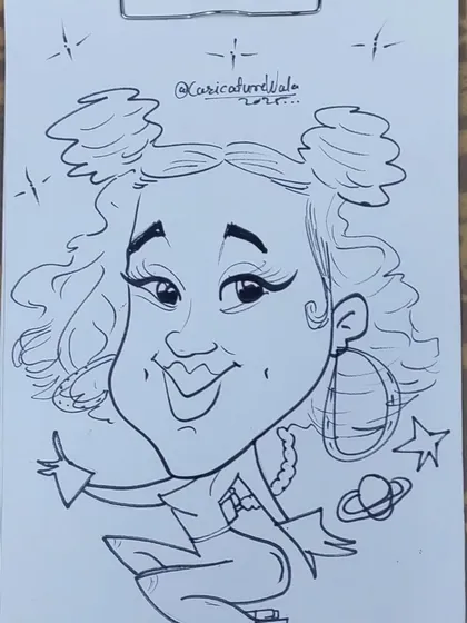 A fun, space-themed caricature with stars and planets. I enjoy adding creative elements to my drawings.