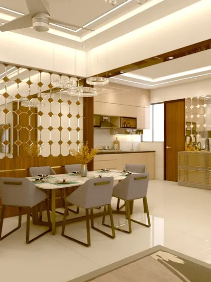 A 3D visualization of a dining area. The design includes a mirrored partition to create a sense of space, modern chairs, and elegant lighting, all planned to create a cohesive and luxurious dining experience.