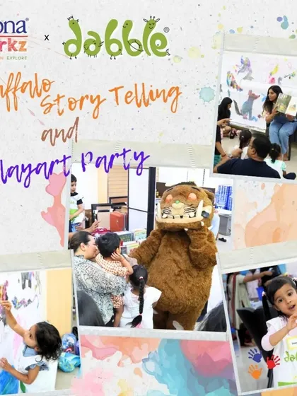 A snapshot from our Gruffalo party, showing kids meeting the character, painting a mural, and listening to the story. These events are packed with a variety of fun activities.
