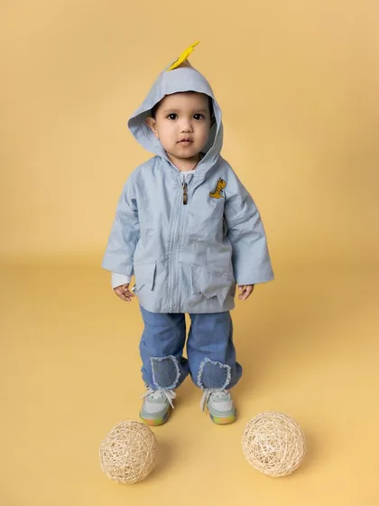 A duplicate of image 18, showing a full-length portrait of a toddler in a cute blue hooded jacket.
